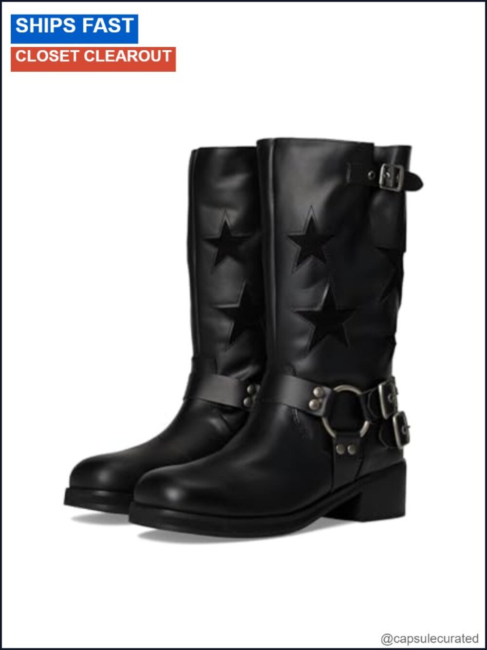 Women's Black Tooled Inlay Western Boots Pull On Leather Mid Calf Motorcycle